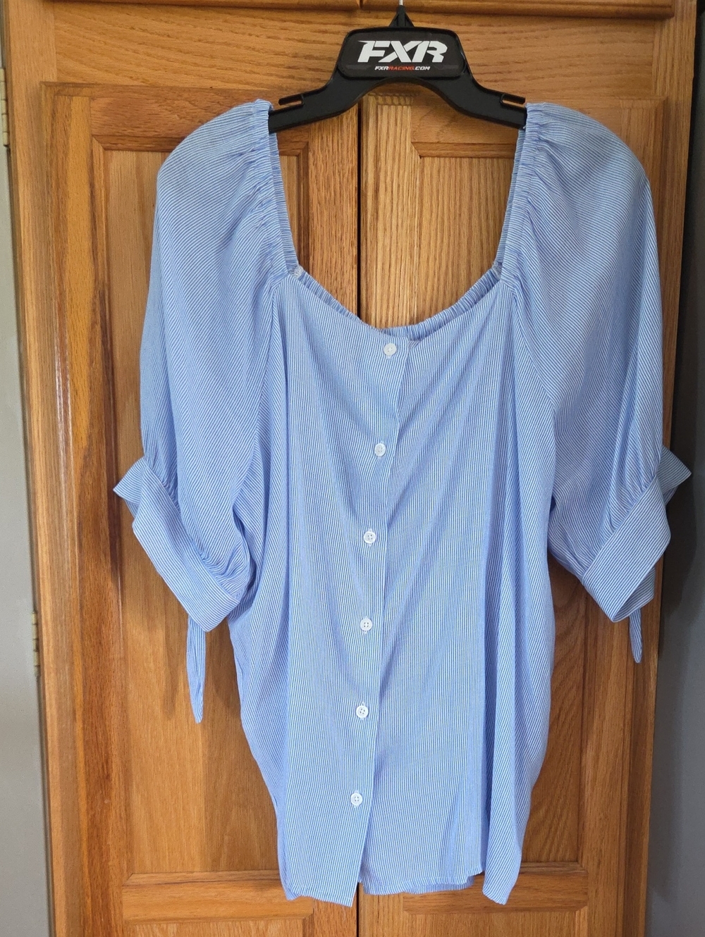LC Lauren Conrad Light Blue Striped Button-Back Blouse